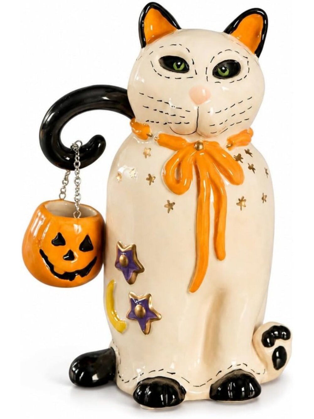 Whimsical Ghost Cat Figurine with Jack-O'-Lantern Bucket - Perfect Halloween